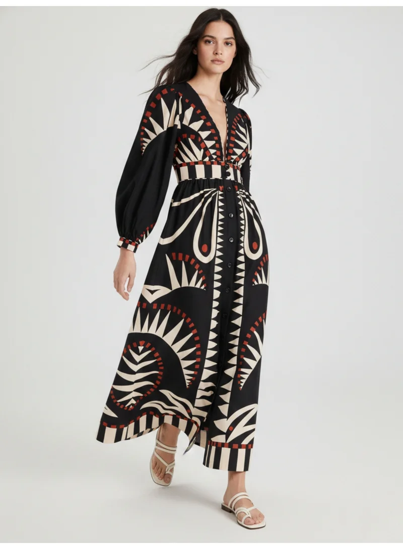 Outzidr  Black Placement Tribal Print Shirt Maxi Dress for Women | Best Price UAE